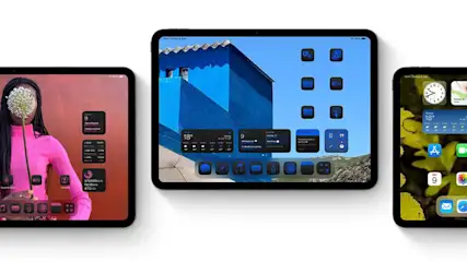 Three Apple devices displaying colourful home screens with various app icons and weather widgets against vibrant wallpaper backgrounds.