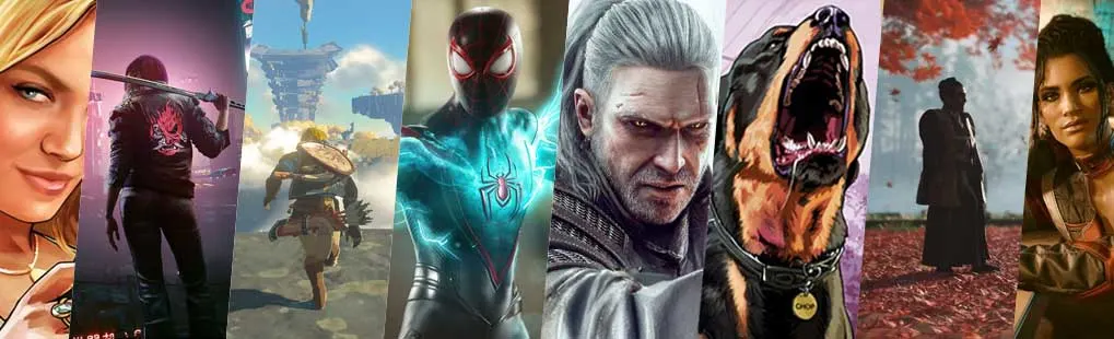 Dit is een videogame. Verschillende iconische personages en scènes zijn te zien, zoals Spider-Man, een krijger en een hond in actie.