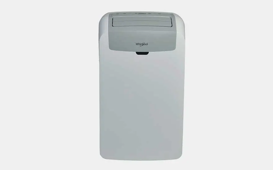 Whirlpool PACW29COL portable air conditioner, simple white design with top vent panel and rounded edges.