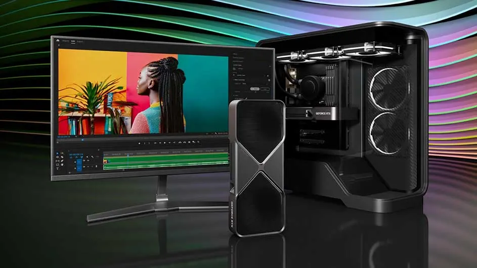 Een computeropstelling met een monitor waarop videobewerkingssoftware draait, een grafische kaart en een pc-toren.