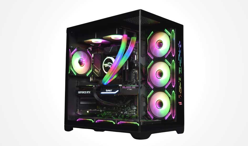 Une tour PC vitrée avec ventilateurs RGB et watercooling laisse voir un PC gamer puissant, éclairé de couleurs sur fond blanc.