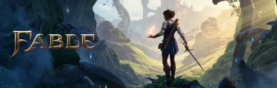 Une jeune héroïne armée d’une épée se tient dans une forêt enchantée, observant une cité au loin tandis que le logo doré Fable brille.