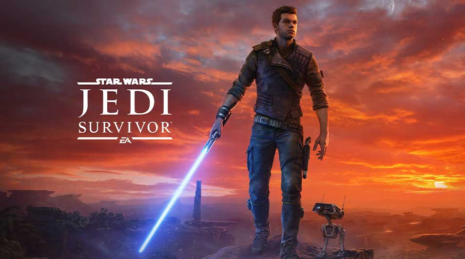 Een afbeelding van "Star Wars Jedi: Survivor" met een man die een blauw lichtzwaard vasthoudt naast een kleine robot, tegen een oranje lucht.
