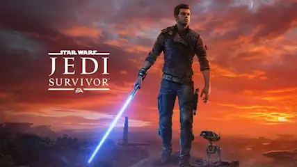 Een afbeelding van "Star Wars Jedi: Survivor" met een man die een blauw lichtzwaard vasthoudt naast een kleine robot, tegen een oranje lucht.