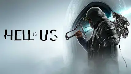 Artwork dramatique de jeu montrant un soldat en combinaison spatiale tenant une arme, avec le titre "HELL IS US" en gros caractères.