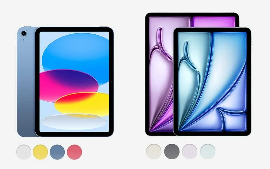 Deux tablettes tactiles sont présentées sur fond blanc, avec des écrans affichant des motifs colorés abstraits. Des cercles de couleurs différentes sont visibles en bas.