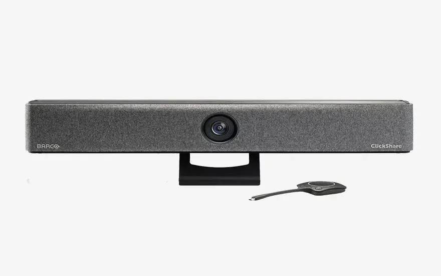 A Barco ClickShare video bar and a ClickShare button together, perfect for wireless video conferencing in meeting rooms.