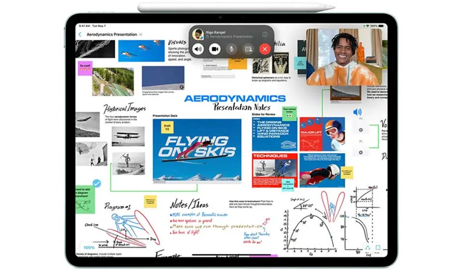 Een tablet toont een diavoorstelling over aerodynamica met tekst, grafieken en afbeeldingen van vliegende skiërs.
