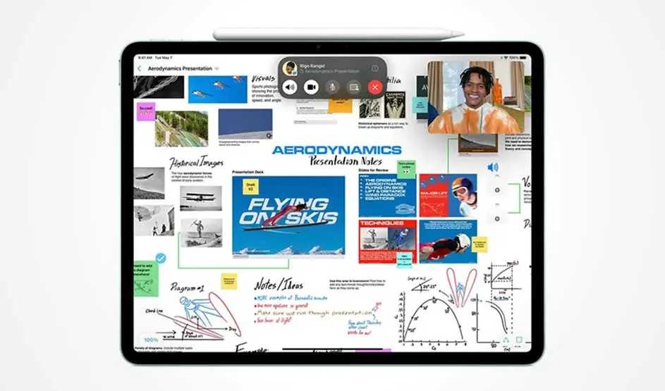 Tablette affichant une présentation d'aérodynamique avec des notes, des images et des diagrammes, ainsi qu'une barre d'appel vidéo.