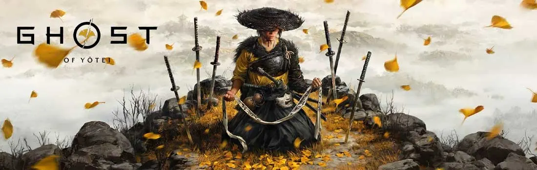 Samouraï en tenue traditionnelle se tient sous un arbre d'automne doré dans un paysage brumeux avec architecture japonaise 