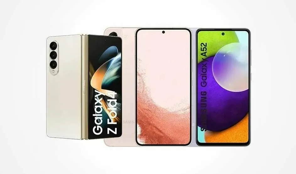 Quatre smartphones : un Galaxy Z Fold 4 beige, un autre rose clair, un avec écran rose et un Galaxy A52 affichant un cercle violet.
