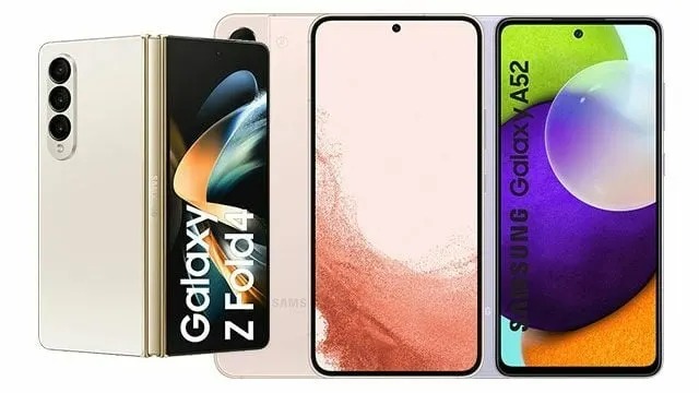 Vier smartphones staan naast elkaar op een witte achtergrond. De schermen tonen verschillende beelden in kleur.