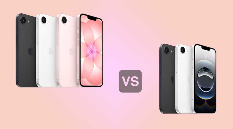 Vergelijking van iPhone-modellen in verschillende kleuren met "VS" in het midden tegen een roze achtergrond.