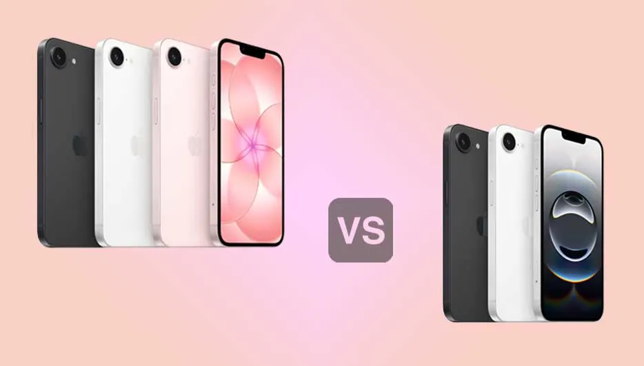 Vergelijking van iPhone-modellen in verschillende kleuren met "VS" in het midden tegen een roze achtergrond.