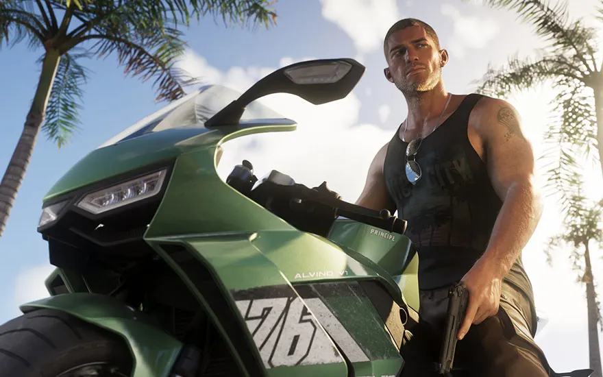 Man sitting on a green motorcycle between palm trees while holding a handgun.