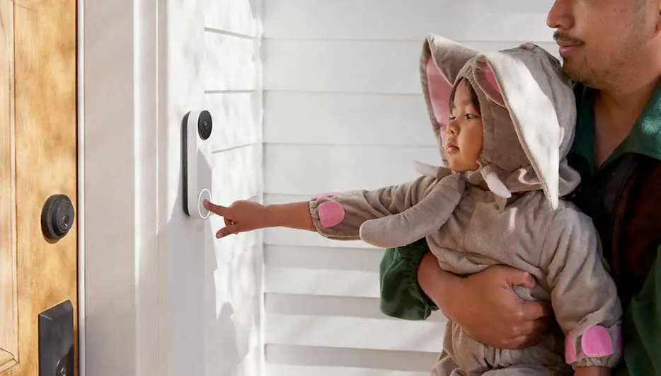 Une sonnette blanche fixée sur un mur blanc à côté d'une porte en bois marron. Une main appuie sur le bouton de la sonnette.