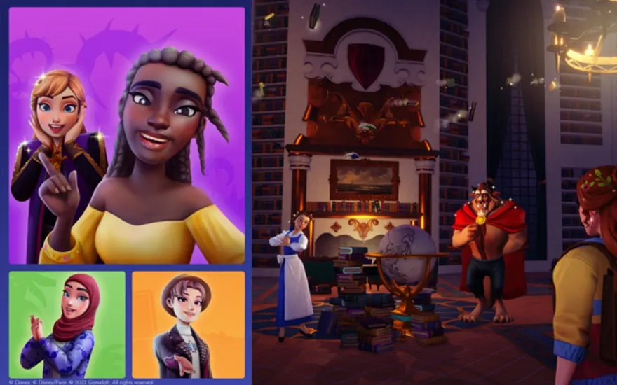 L'image montre des personnages de dessins animés dans un décor intérieur avec une cheminée et des livres.