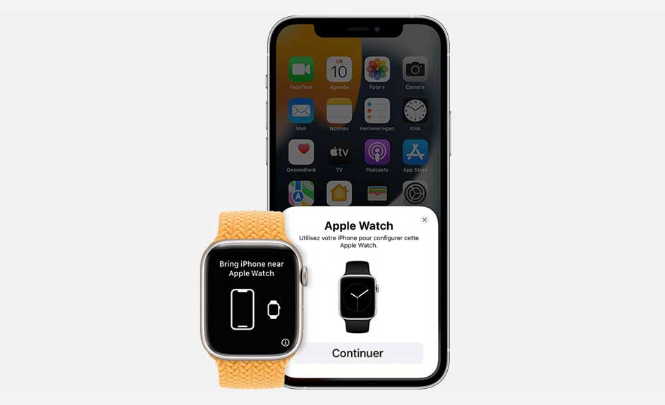 Un iPhone affiche un message "Apple Watch". Une Apple Watch orange est visible à côté, indiquant "Approchez l'iPhone". Fond blanc.
