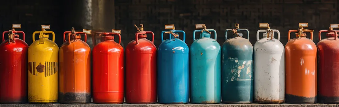 Une rangée de bouteilles de gaz colorées (rouge, jaune, orange, bleu, turquoise, blanche) avec des poignées sur un fond sombre.