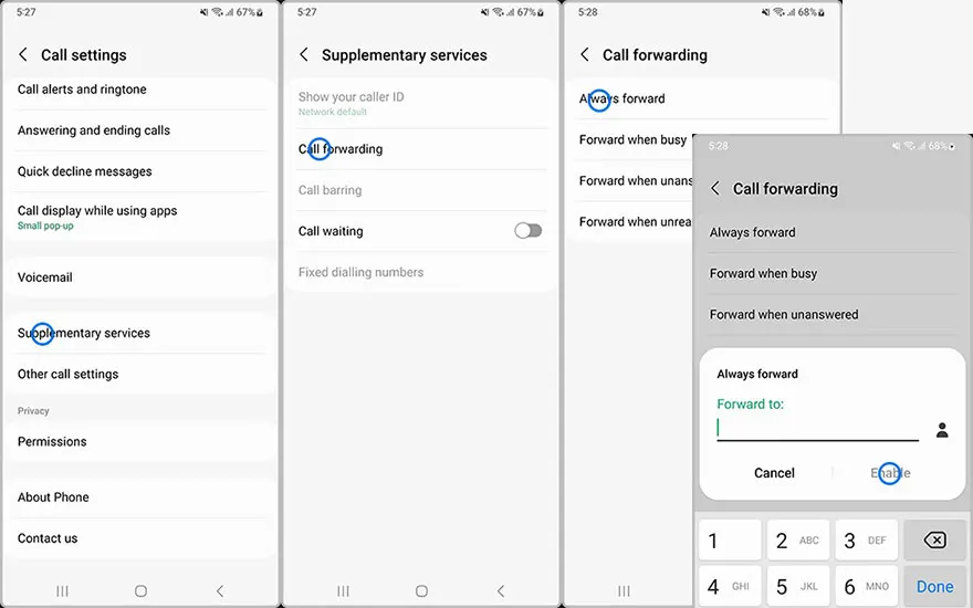 Drie schermen van een smartphone met instellingen voor oproepen doorschakelen. Opties omvatten "Altijd doorschakelen" en "Doorschakelen bij bezet".