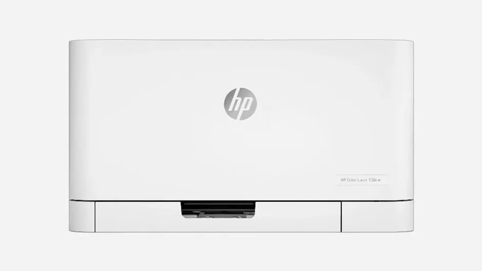 Een compact wit HP-laserprinter met strakke rechthoekige vorm, frontlade en subtiel logo; stil en ruimtebesparend, geschikt voor thuis of kantoor.