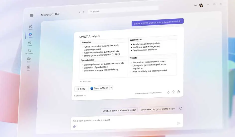 Écran d'ordinateur affichant une analyse SWOT dans Microsoft 365, avec des forces, faiblesses, opportunités et menaces listées.