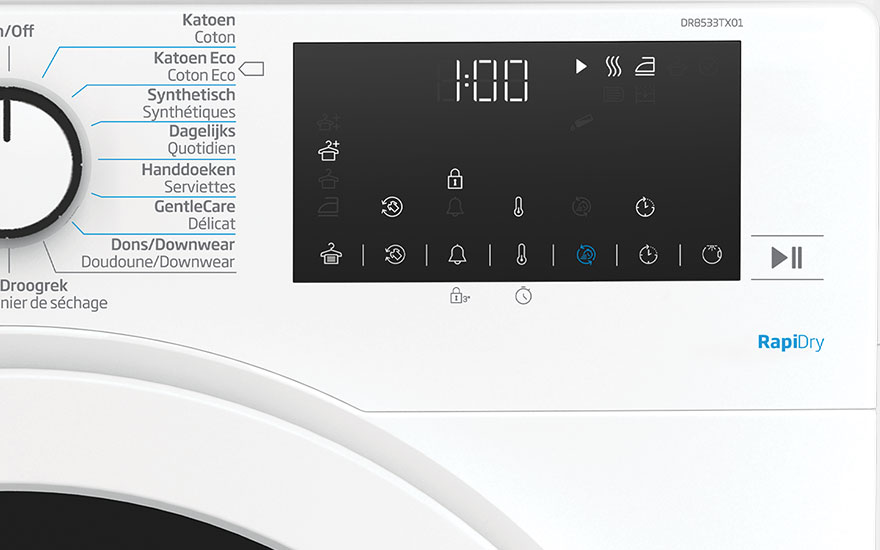Panneau blanc d'un sèche-linge avec écran LCD affichant des icônes de réglage et un bouton rotatif pour sélectionner les programmes.