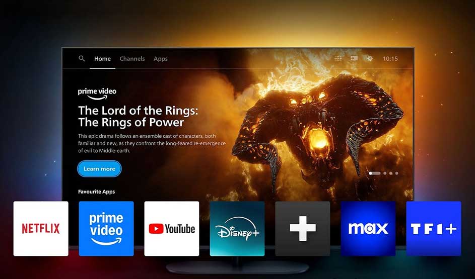 Une smart TV affiche une série fantastique et des applications comme Netflix, Prime Video, YouTube et Disney+.