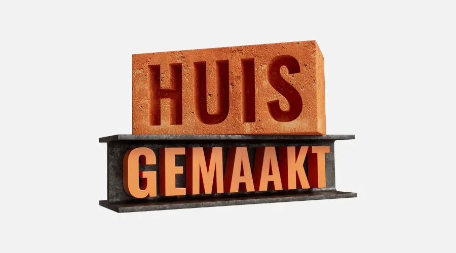 3D-logo met een oranje baksteen waarop “HUIS” staat, boven een donkere metalen balk met het woord “GEMAAKT”.