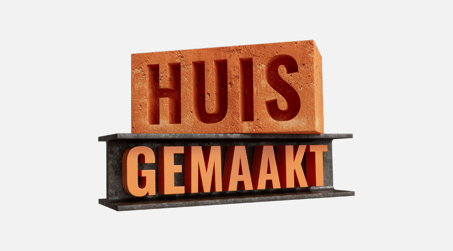 Logo 3D avec une brique orange portant « HUIS » posée sur une poutre métallique sombre avec le mot « GEMAAKT ».