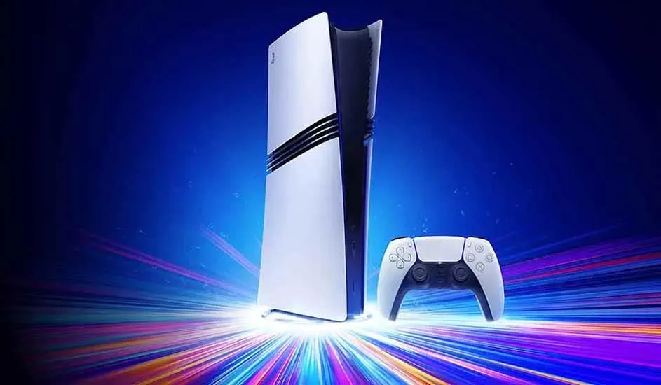 Une console blanche et noire avec une manette sur un fond bleu avec des rayons de lumière colorés.