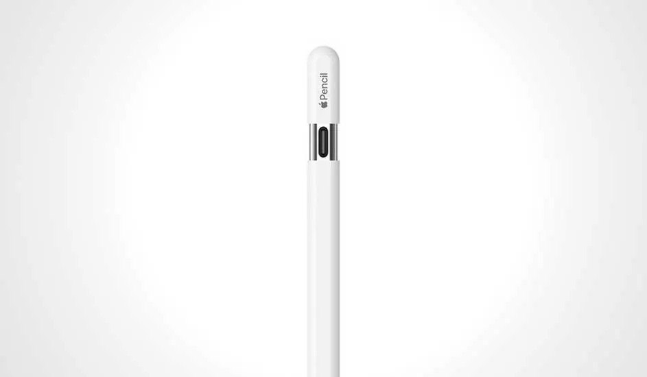 Close-up of a white Apple Pencil against a bright white background, focusing on its sleek design and seamless construction.