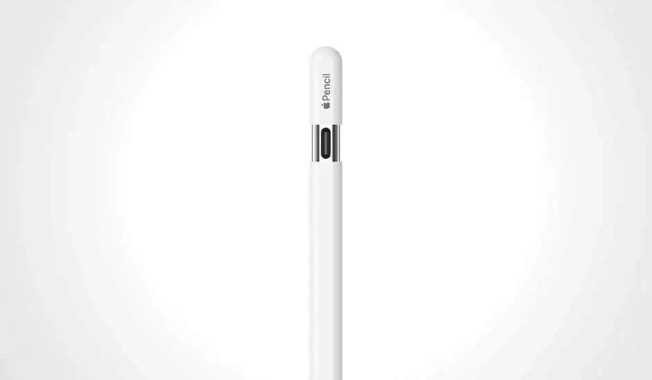 Close-up of a white Apple Pencil against a bright white background, focusing on its sleek design and seamless construction.