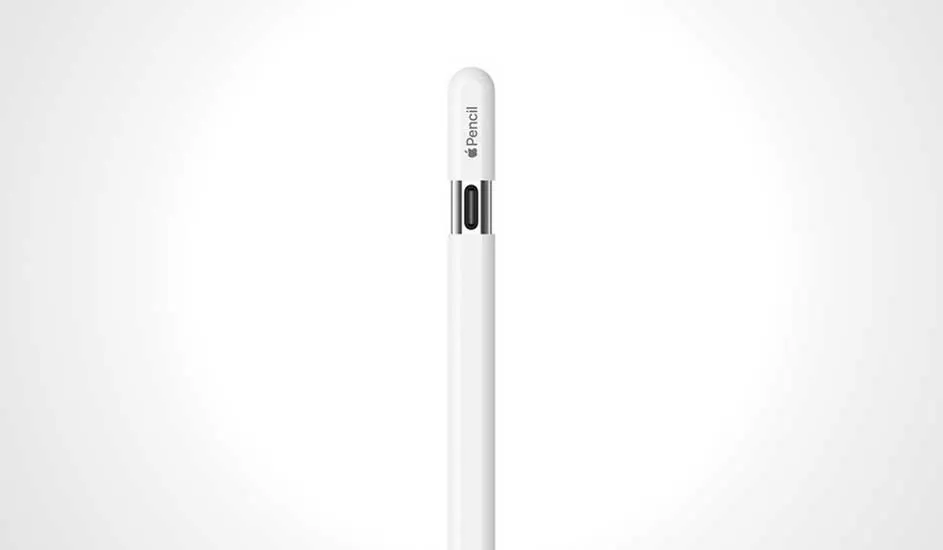 Un Apple Pencil fin, vertical, avec le mot « Pencil » et un logo de pomme en haut, sur un fond blanc uni.