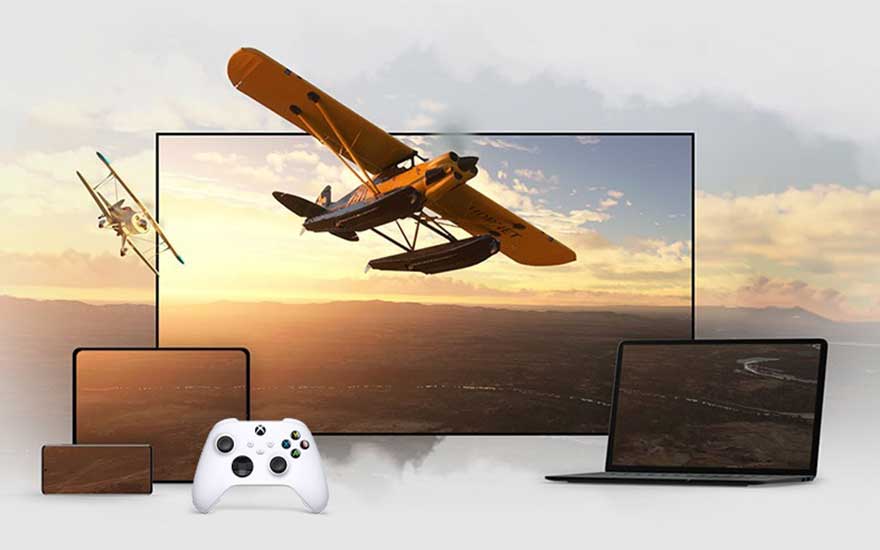 Verschillende apparaten zoals een tablet, laptop en controller tonen een game met een vliegtuig, wat multiplatform gaming weergeeft.