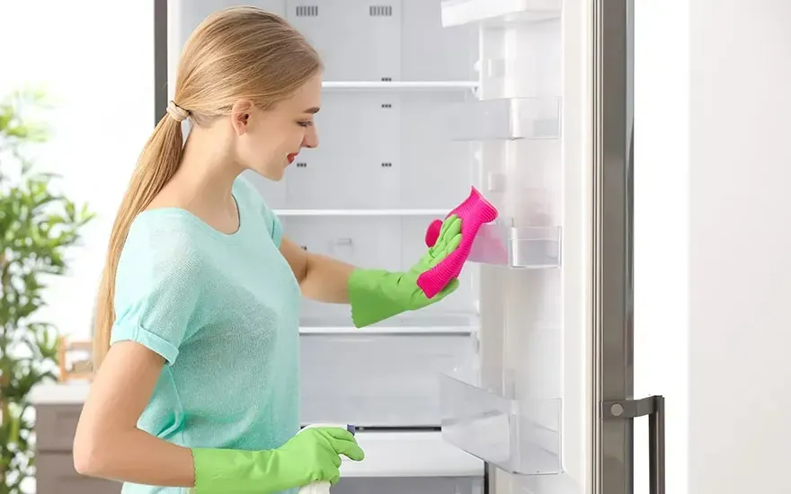 Une personne nettoie un réfrigérateur blanc avec des gants verts et un chiffon rose.