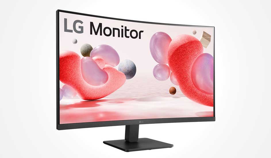 Gebogen LG-monitor met dunne rand toont roze en grijze 3D-bolvormen op een zachte, lichte achtergrond op zwarte voet.
