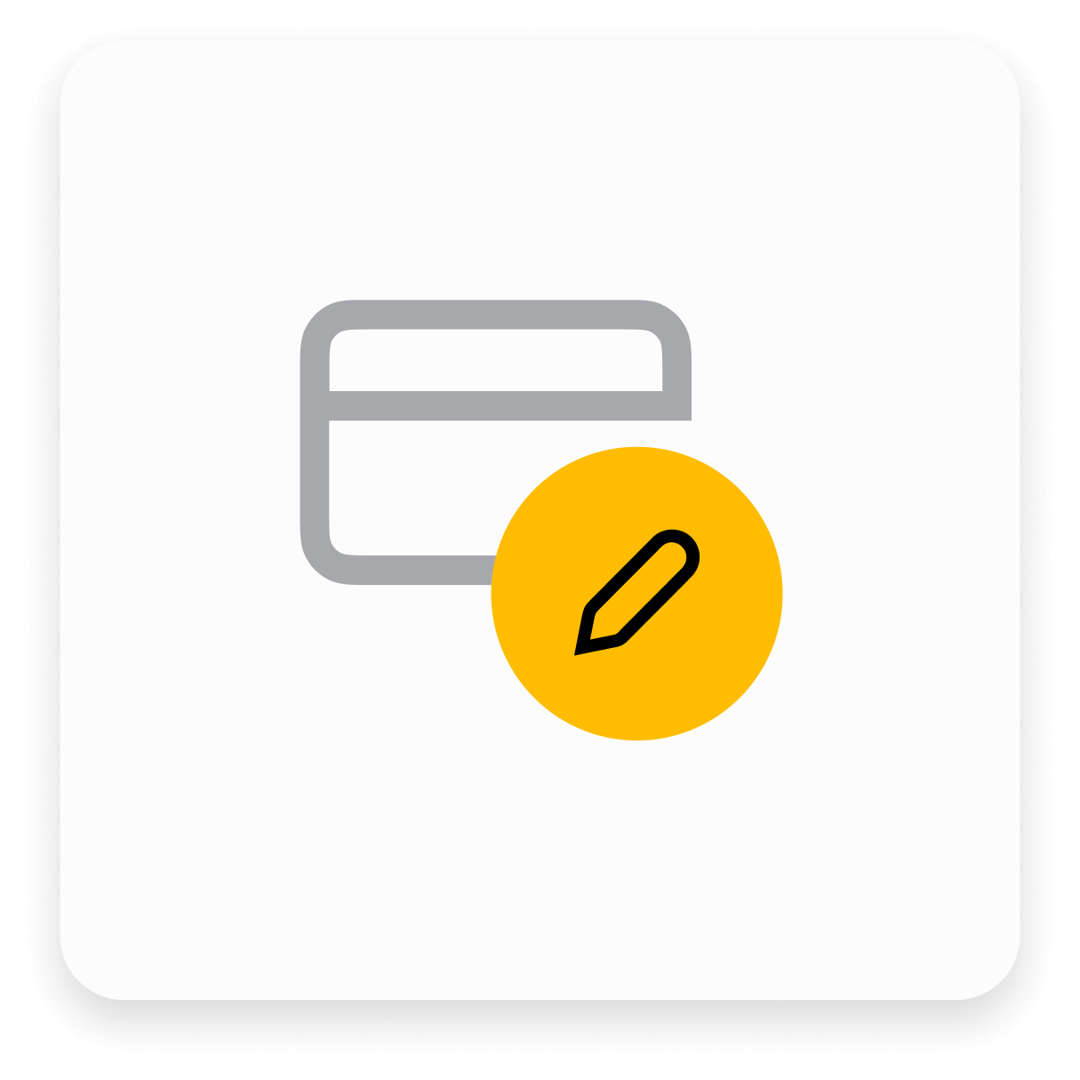 Ikoon toont een grijs kaartpictogram met een gele cirkeloverlay met een zwart potlood, op een witte achtergrond.