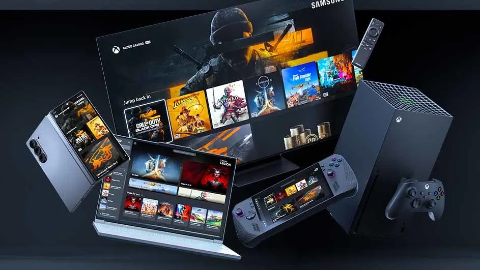 Divers appareils de jeu flottent sur un fond noir. On y voit une Xbox, une manette, un ordinateur portable, un téléphone et une tablette.