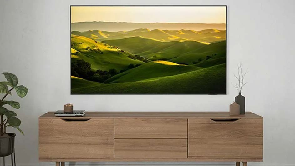 Een tv toont een groene heuvelrug. Onder de tv staat een houten dressoir met decoraties, met links een plant. De muur is wit.