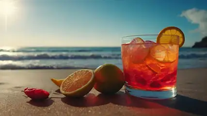 Een rood drankje met ijs en citroen staat op het strand, naast een halve en hele sinaasappel. De zee en blauwe lucht zijn op de achtergrond.