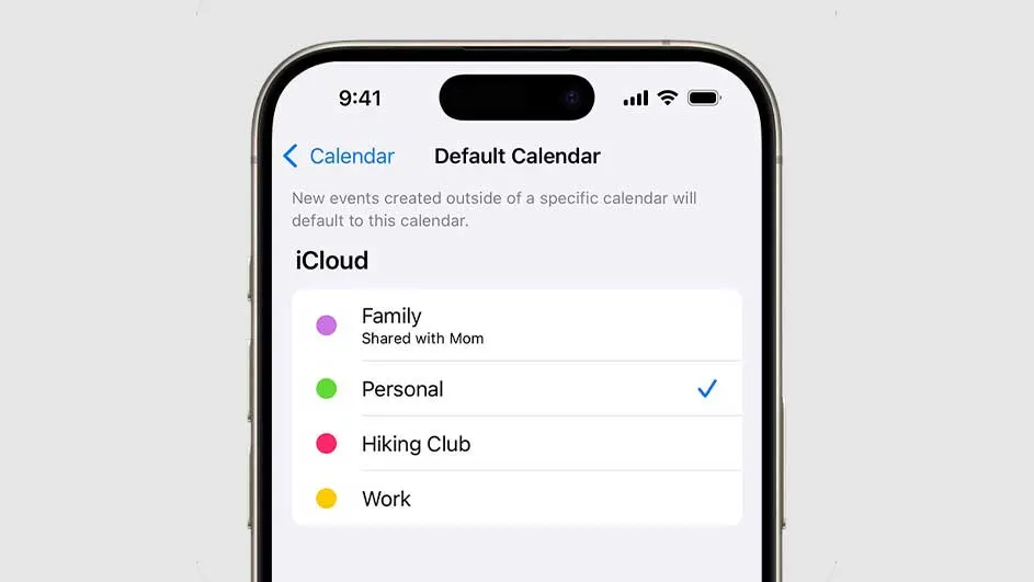 Een iPhone-scherm toont de kalenderinstellingen met opties zoals Familie (paars), Persoonlijk (groen), Wandelclub (roze) en Werk (geel).