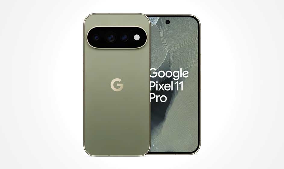 Un Google Pixel 11 Pro vert olive est présenté de face et de dos. Son arrière possède une barre photo horizontale, tandis que l’écran affiche le modèle.