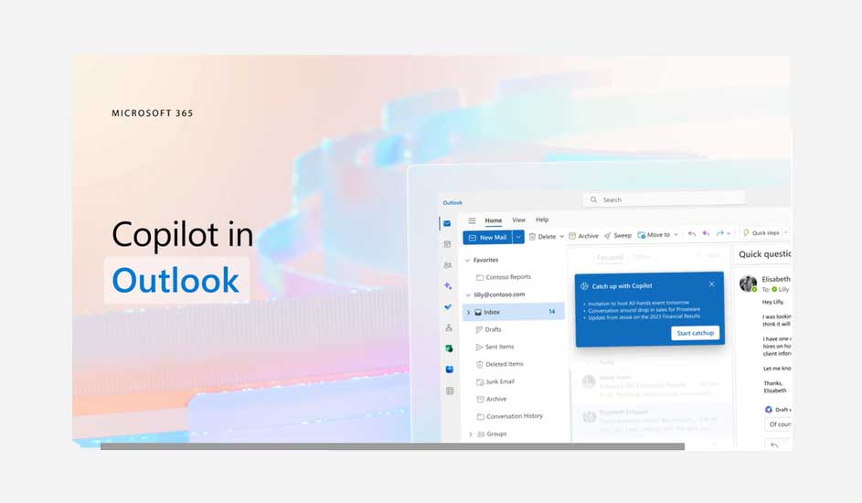 Microsoft 365 Outlook-scherm met 'Copilot in Outlook' tekst. Het toont een blauw Outlook-venster met inbox en menu-opties.