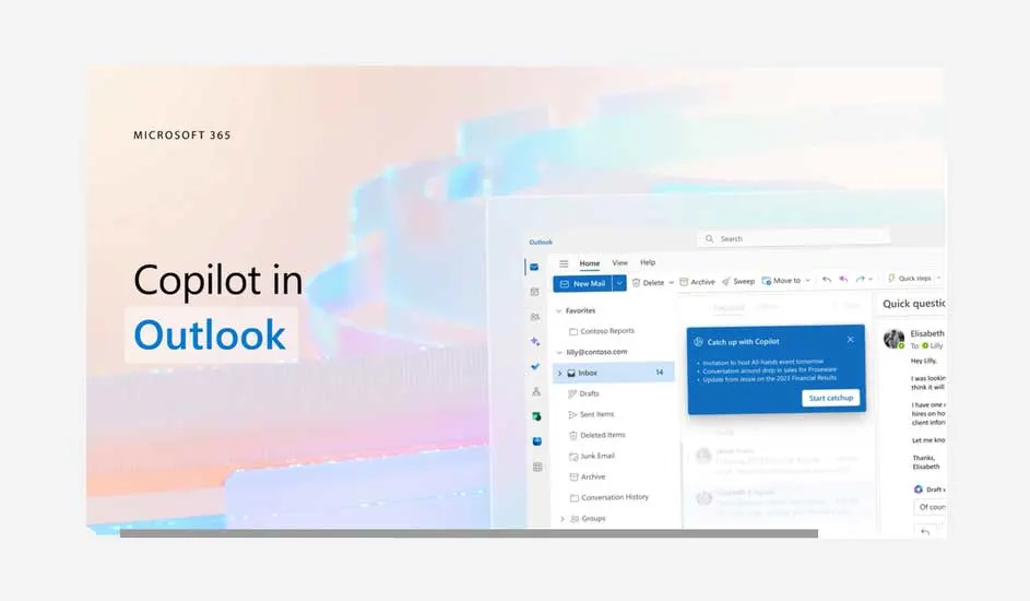 Microsoft 365 Outlook-scherm met 'Copilot in Outlook' tekst. Het toont een blauw Outlook-venster met inbox en menu-opties.