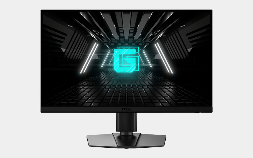 Een MSI gaming monitor met futuristische tunnel scene en groot cyaan "G" logo in het midden, zwarte standaard met zilver accent