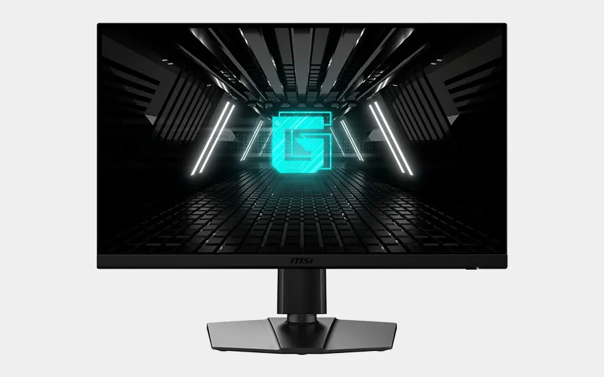 Een MSI gaming monitor met futuristische tunnel scene en groot cyaan "G" logo in het midden, zwarte standaard met zilver accent