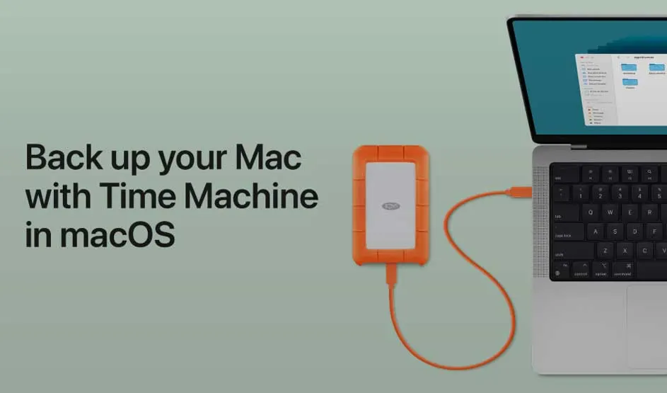 Apple MacBook with orange LaCie external hard drive connected, screen shows Finder, text about Time Machine backups visible.