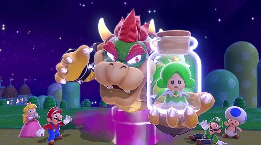 Bowser, een groene figuur in een pot, Mario, Peach, Luigi en Toad op een groen landschap met blauwe nachthemel.