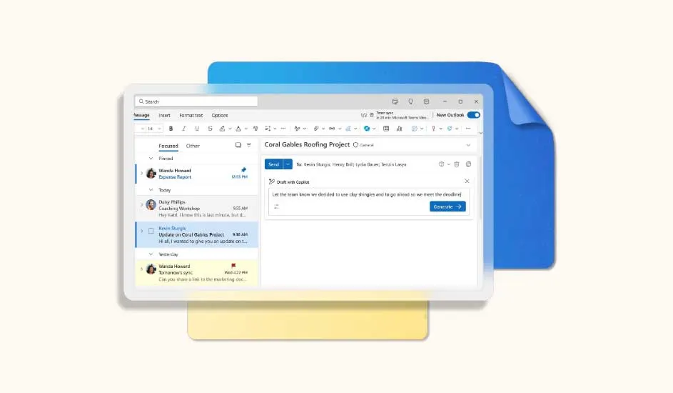 Capture d'écran d'Outlook affichant un projet de toiture Coral Gables avec des notes bleues et jaunes.